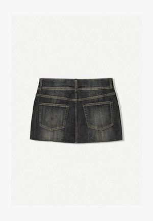 Denim mini skirt in dark wash with a distressed texture. Features five-pocket design, rope stitch detailing, and a straight hem.