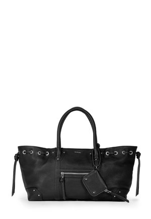 Czarna skórzana torba typu tote z podwójnymi uchwytami, przednią kieszenią na zamek, bocznymi elementami ściąganymi na sznurek oraz dołączoną małą saszetką.