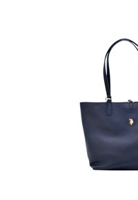 Granatowa torba tote wykonana ze skóry z fakturą, z dwoma uchwytami i złotym logo na przodzie. Gładka tekstura i projekt z otwartą górą.