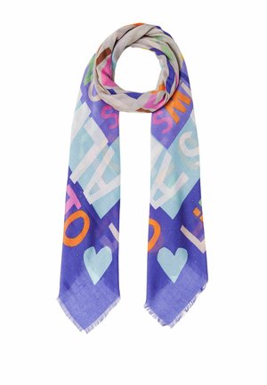 Kolorowy lekki szal z geometrycznymi kształtami, literami i motywami serc w pastelowych i jaskrawych kolorach, zawieszony w pętli.