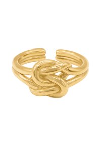 Goldfarbener Metallring mit einem gedrehten Knotendesign. Der Ring hat abgerundete Enden und eine glatte, polierte Oberfläche.
