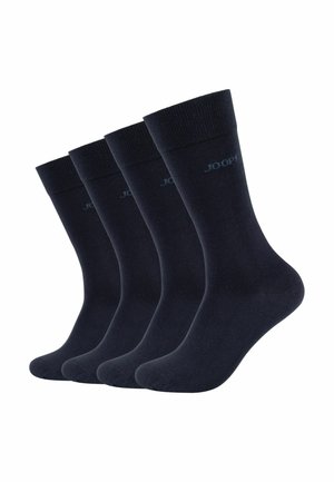 Dunkelblaue Baumwollsocken, vierer Pack, mit gerippten Bündchen und einem dezenten Logo-Detail nahe der Oberseite, glatte Textur, Standardhöhe.
