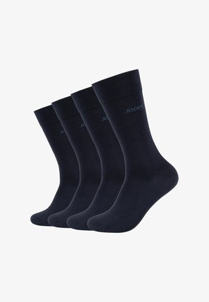 Calzini di cotone blu navy, confezione da quattro, con polsini a coste e un sottile dettaglio del logo vicino alla parte superiore, texture liscia, altezza standard.