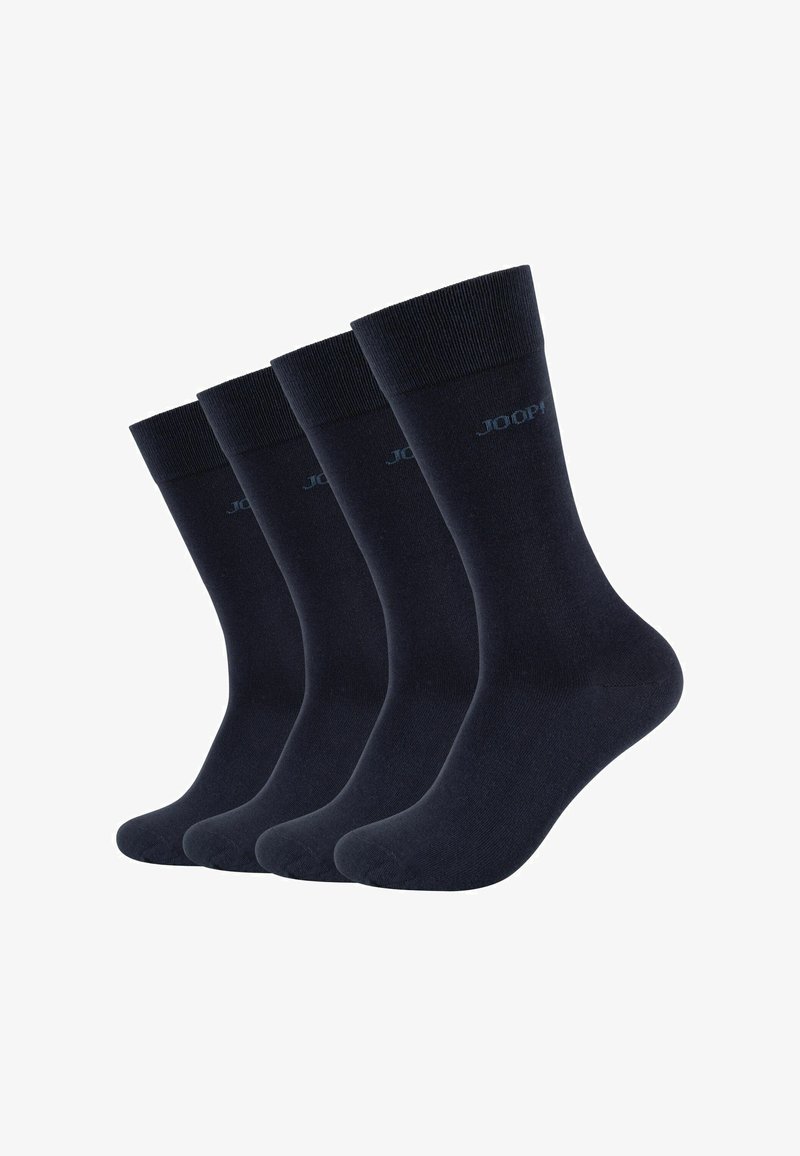 Dunkelblaue Baumwollsocken, vierer Pack, mit gerippten Bündchen und einem dezenten Logo-Detail nahe der Oberseite, glatte Textur, Standardhöhe.