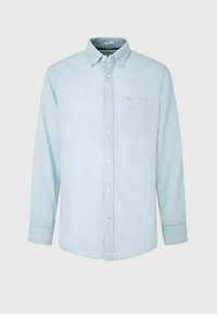 Camicia a maniche lunghe azzurro chiaro in misto cotone, con colletto a bottoni, taschino singolo sul petto e orlo dritto con polsini abbottonati.