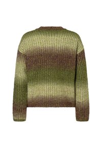 Gebreide trui met een gradient mengeling van groene en paarse tinten, voorzien van een geribbelde textuur en een klassieke ronde hals.