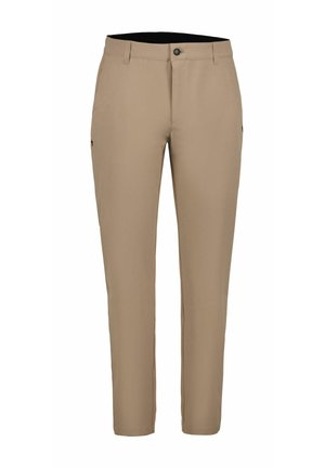 Beige slim-fit trousers with belt loops, front button, zipper closure, and side pockets, displayed on a white background.