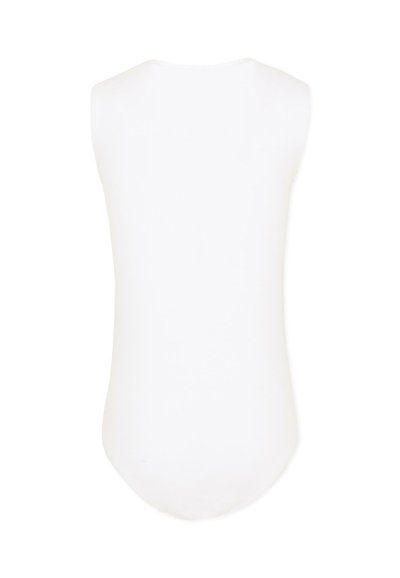Body sans manches blanc avec un col montant et un ourlet incurvé, vu de dos sur un fond blanc.