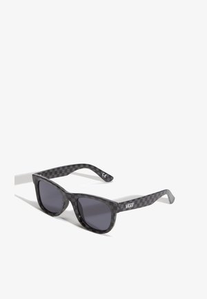 Black checkered sunglasses with dark lenses. Features a classic frame design and branding on the temple. Made of durable plastic material.