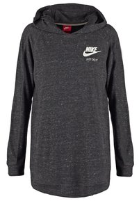 Dark gray hoodie with long sleeves, textured fabric, front kangaroo pocket, and the Nike logo with "JUST DO IT" printed on the chest.