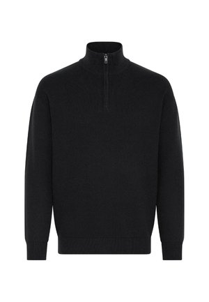 Zwarte pullovertrui met een hoge kraag en een halve ritssluiting. Voorzien van lange mouwen en geribbelde boorden en onderkant. Glad, textuurmateriaal.