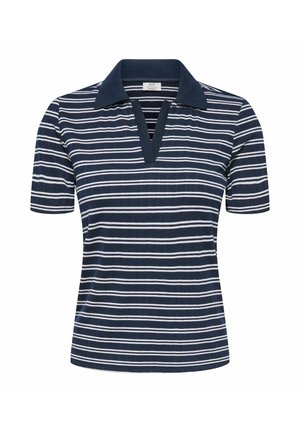 Granatowa koszulka polo z białymi poziomymi paskami, krótkimi rękawami i kołnierzykiem w serek.