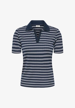 Granatowa koszulka polo z białymi poziomymi paskami, krótkimi rękawami i kołnierzykiem w serek.