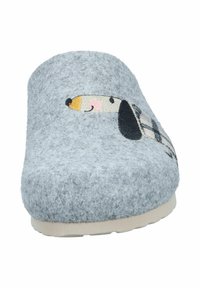 Gray felt slipper with a rounded shape, featuring an embroidered dog face detail and a plaid accent on the side. Lightweight beige sole.