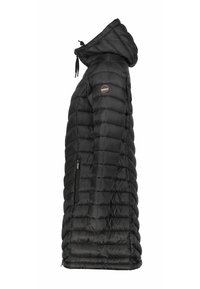 Chaqueta acolchada negra con capucha, que presenta un diseño acolchado, un bolsillo lateral con cremallera y un parche con logo en el hombro.