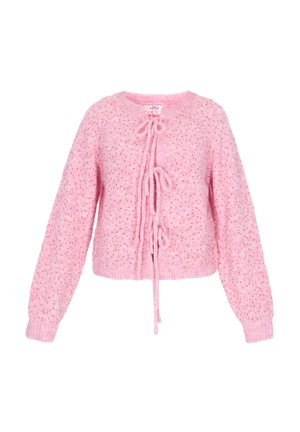 Rosa gestrickte, verkürzte Strickjacke mit strukturiertem Finish, ausgestattet mit dekorativen Bindebändern an der Vorderseite und elastischen Bündchen.