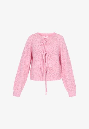 Rosa gestrickte, verkürzte Strickjacke mit strukturiertem Finish, ausgestattet mit dekorativen Bindebändern an der Vorderseite und elastischen Bündchen.