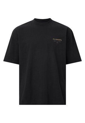 Black cotton t-shirt with a round neck, short sleeves, and a small gold "ALLSAINTS" logo on the left chest. Flat texture, casual design.