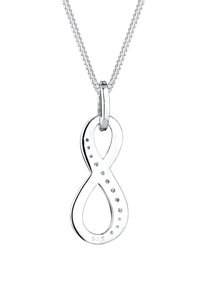 Collar de plata con un colgante de símbolo infinito, adornado con pequeñas piedras transparentes, con una cadena texturizada. Marcado con "925" para plata de ley.