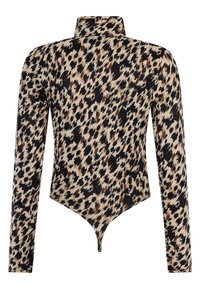 Langärmliger Body in beige und schwarzem Leopardenmuster. Verfügt über einen hohen Kragen und einen spitzen unteren Saum für eine figurnahe Passform. Glatte Textur.