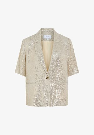 Blazer a maniche corte colore champagne, adornato con paillettes. Presenta una chiusura con un solo bottone e una fodera interna liscia. Design con revers classico.