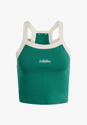 Zelený skrátený top z bavlny s širokým krémovým rebrovaným výstrihom a ramienkami. Na ňom je vyšitý biely logo "adidas".
