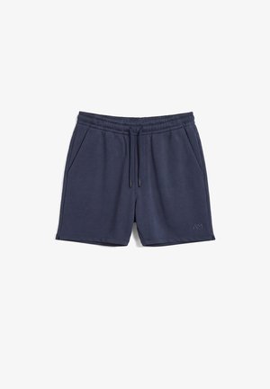 Pantaloncini blu navy con vita elastica, coulisse, tasche laterali e piccolo logo vicino all'orlo inferiore sulla gamba destra.