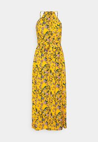 Maxikleid in leuchtendem Gelb mit floralen Mustern in Pink und Grün. Halterneck-Design, verstellbare Träger und ein gebundenes Taillendetail.
