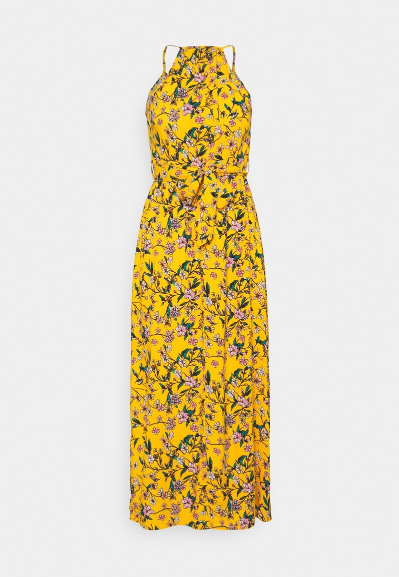 Maxikleid in leuchtendem Gelb mit floralen Mustern in Pink und Grün. Halterneck-Design, verstellbare Träger und ein gebundenes Taillendetail.