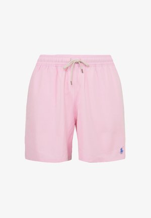 Pantaloni da bagno rosa realizzati in un tessuto leggero, con una vita elastica, stringa di regolazione e un piccolo logo blu sulla gamba sinistra.