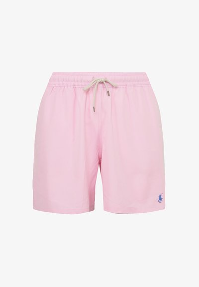 Pantaloni da bagno rosa realizzati in un tessuto leggero, con una vita elastica, stringa di regolazione e un piccolo logo blu sulla gamba sinistra.