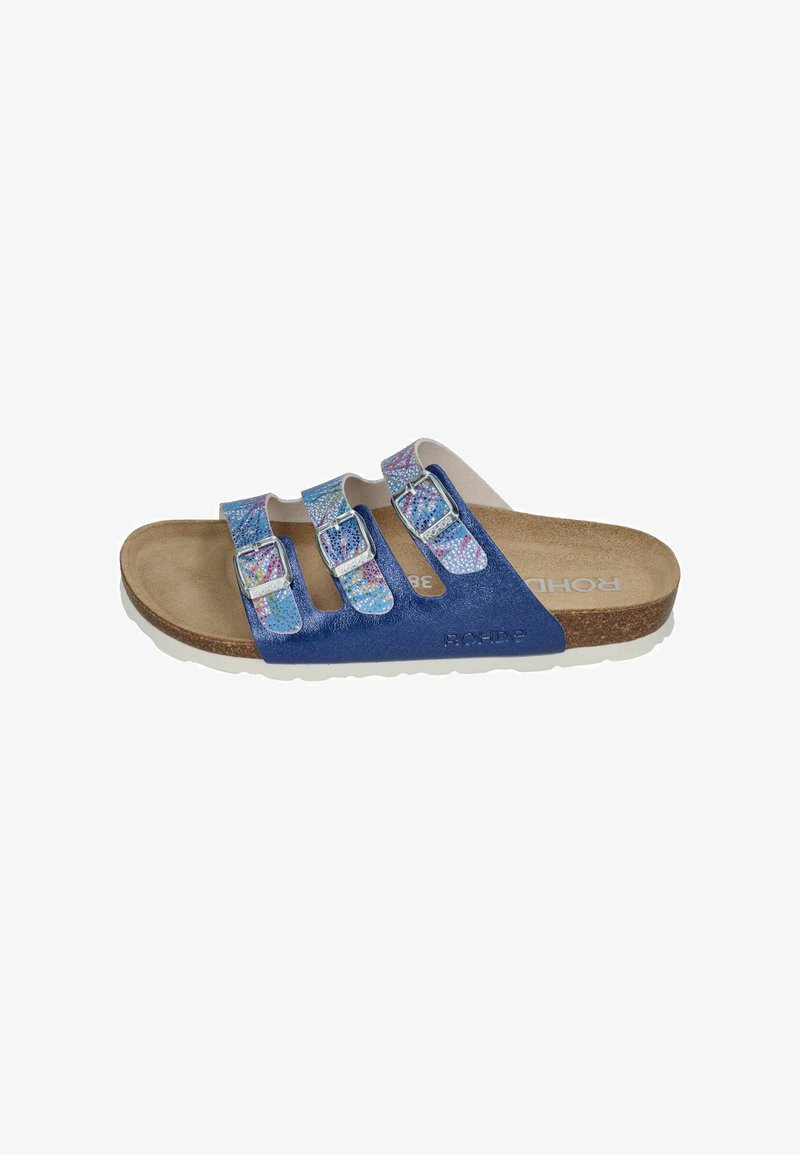 Blue sandal with three adjustable straps, made of textured material featuring a multicolored pattern and a cork footbed, outlined in white rubber.