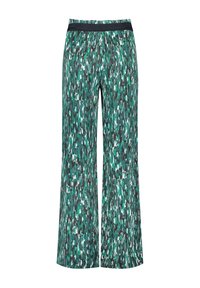 Spodnie z szerokimi nogawkami w żywym, wielokolorowym wzorze w odcieniach zieleni, bieli i szarości. Posiadają elastyczny pas dla komfortu i elastyczności.