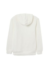 Witte hoodie met lange mouwen, zachte textuur en een kangoeroezak. Het heeft ribgebreide manchetten en zoom, en een naadloos ontwerp aan de achterkant.