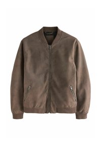 Veste bomber en daim marron avec fermeture éclair frontale et poches latérales zippées, col, poignets et ourlet côtelés.