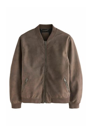 Pruun seemisnahast pommitajate jakk esiluku ja lukuga küljetaskutega, soonikkoes krae, mansetid ja alumine äär.