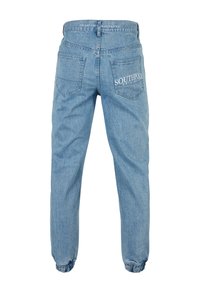 Pantalon de jogging en denim bleu clair avec poignets élastiques, poches arrière, et texte blanc "SOUTHPOLE ORIGINALS" et "PREMIUM URBAN BRAND".