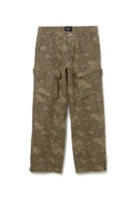 Camo cargo broek in aardetinten, polyester-katoenmix, met meerdere cargozakken, ritssluiting aan de onderkant en versterkte knieën.
