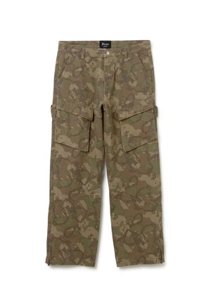 Camo cargo broek in aardetinten, polyester-katoenmix, met meerdere cargozakken, ritssluiting aan de onderkant en versterkte knieën.