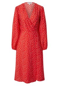 Vestido envolvente rojo con mangas largas, estampado floral blanco, escote en V y puños con elasticidad. Tejido suave con un dobladillo de longitud media.