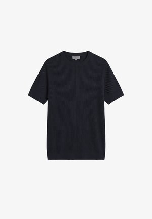 Navy plavi rebrasti džemper kratkih rukava s okruglim izrezom i rebrastim rubom i manžetama, položen na ravnu površinu na bijeloj pozadini.