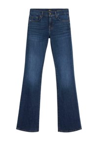 Utsvängda jeans i mörkblå denim med en mjuk textur. Har en framficka, bälteshällor och en klassisk knappstängning.