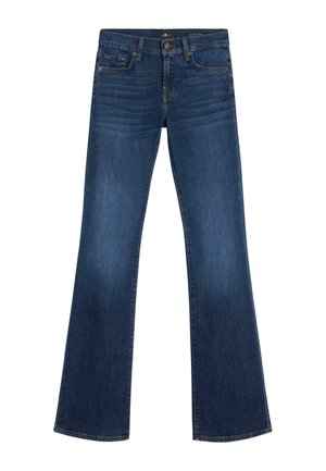 Jeans met uitlopende pijpen in donkerblauw denim met een gladde textuur. Voorzien van een voorzak, riemlussen en een klassieke knoopsluiting.