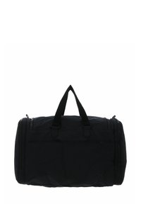 Sac de sport noir avec une surface texturée, double poignée supérieure et poches zippées. Forme rectangulaire, matériau durable et design minimaliste.