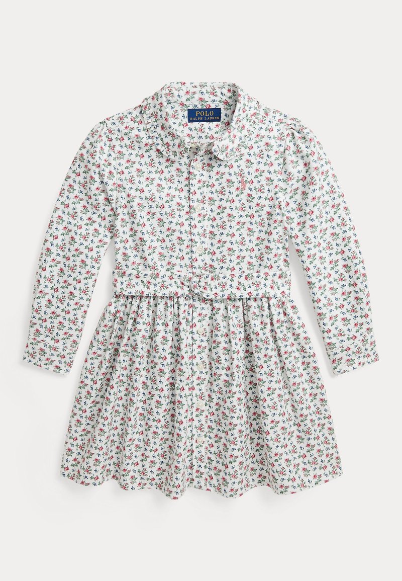 White long-sleeve dress with a floral pattern in red and green, featuring a collared neck and a fitted waist with a circular belt detail.