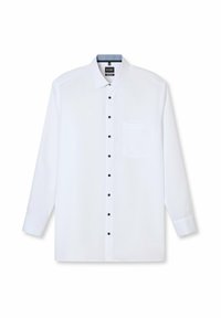 Weißes Langarmhemd aus Baumwollmischung mit dunkelblauen Knöpfen, Kragen mit blauer Musterinnenseite und Brusttasche.