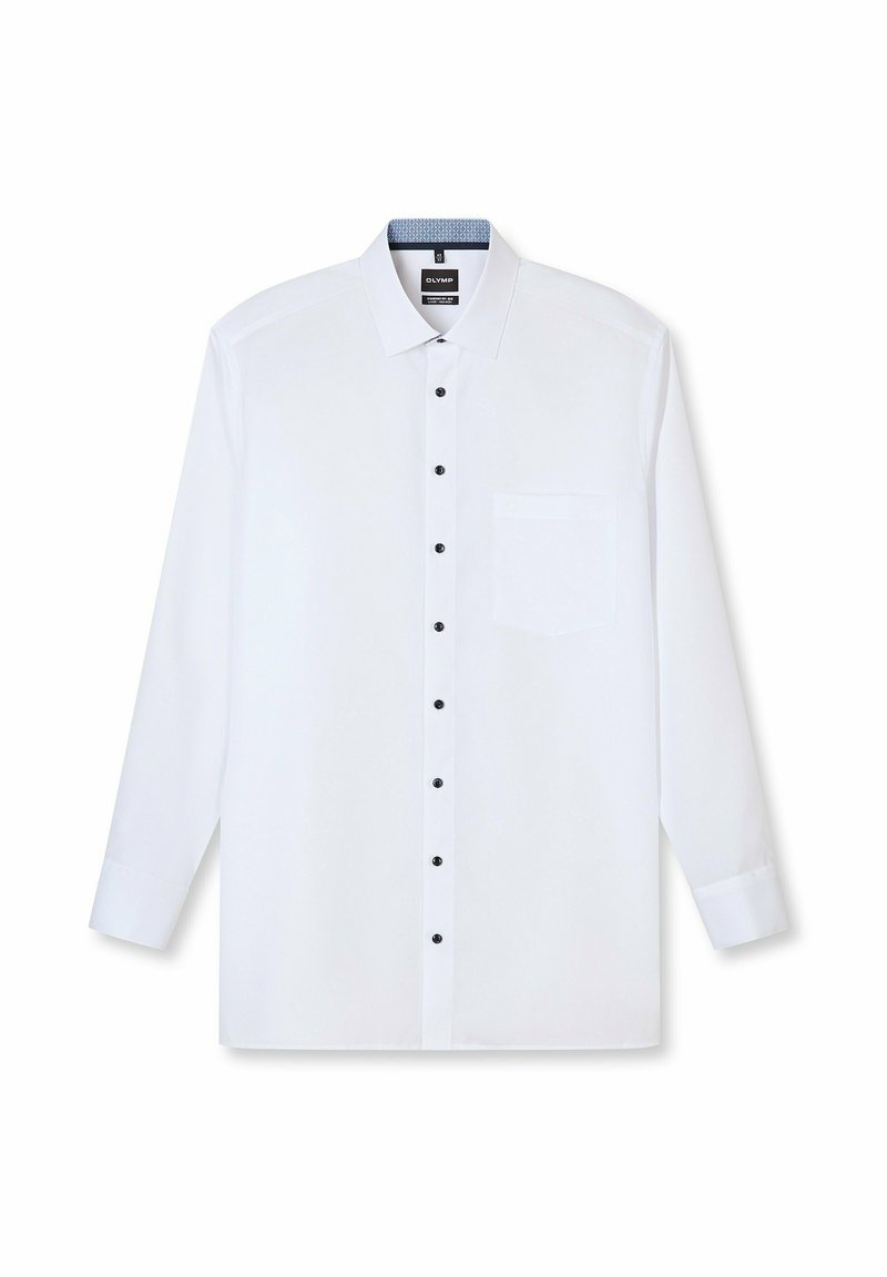 Weißes Langarmhemd aus Baumwollmischung mit dunkelblauen Knöpfen, Kragen mit blauer Musterinnenseite und Brusttasche.