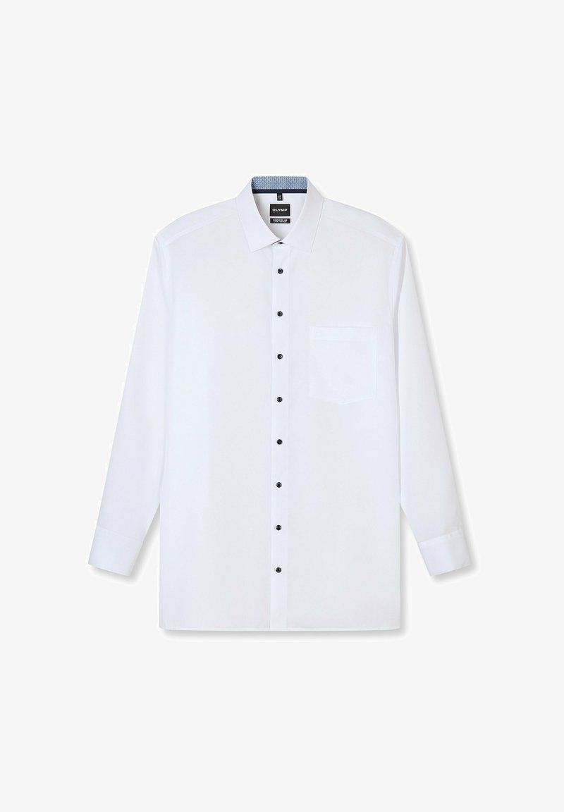 Weißes Langarmhemd aus Baumwollmischung mit dunkelblauen Knöpfen, Kragen mit blauer Musterinnenseite und Brusttasche.