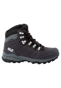 Schwarz-grauer Jack Wolfskin Wanderschuh mit rot akzentuierten Schnürsenkeln, gepolstertem Knöchelkragen, robuster Sohle und Texapore wasserdichtem Etikett.