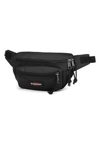 Sac banane en tissu noir avec deux compartiments zippés et une sangle. Surface texturée, arborant le logo Eastpak à l'avant.